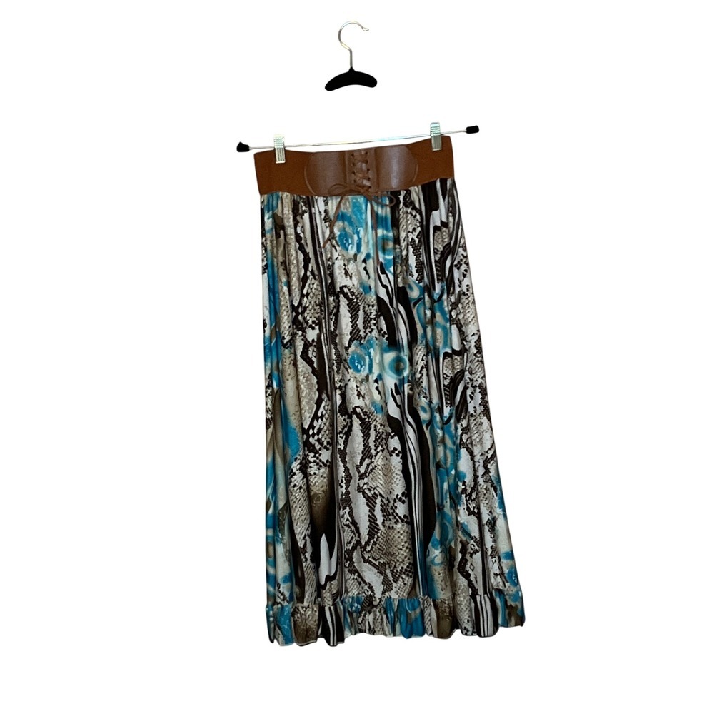 Magic Maxi Skirt Women's Large Boho Blue Brown Snakeskin Print Corset Belted